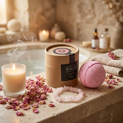 Bombe de Bain & Bracelet Lithothérapie — Quartz Rose (Amour Inconditionnel & Douceur)